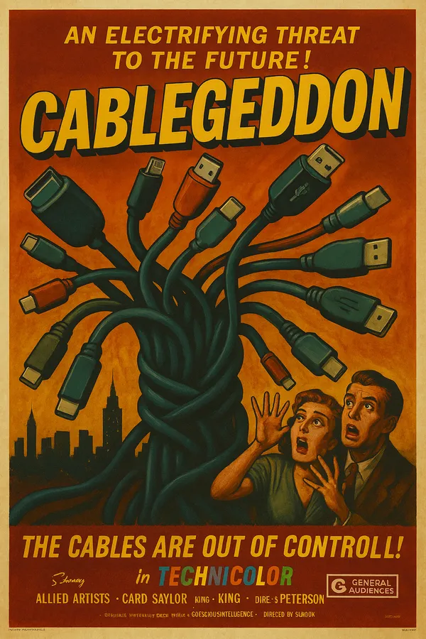 Cinematic ilustration of tangled, random phone and laptop charging cables, symbolizing pre-USB-C chaos